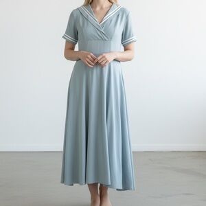 Laura Ashley Vintage Light Blue Sailor-collar Maxi Dress 12 100% Silk Lining